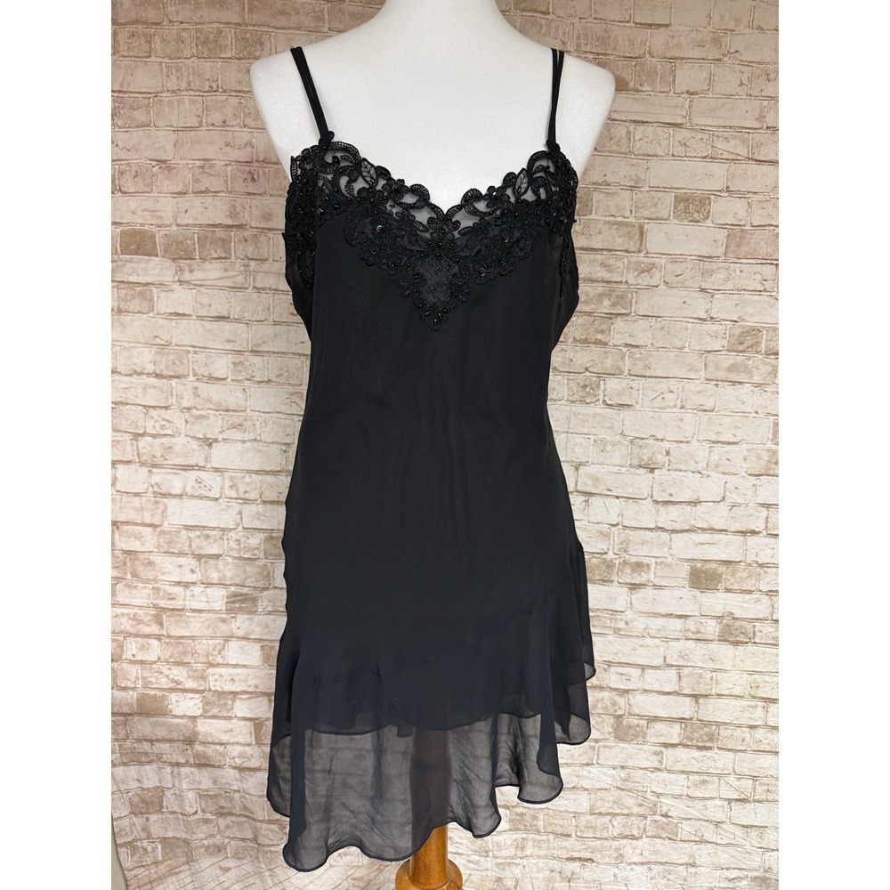 Vtg CALIFORNIA DYNASTY Black SLIP DRESS NIGHTGOWN Sheer Size S Whimsy Lace